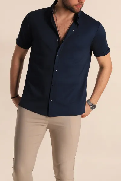 Lacivert Regular Fit Jakarlı Çıt Çıt Düğmeli Kısa Kollu Erkek Gömlek 263723
