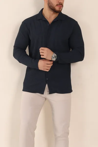 Lacivert Regular Fit Kalın Fitilli Doku Erkek Gömlek 352015