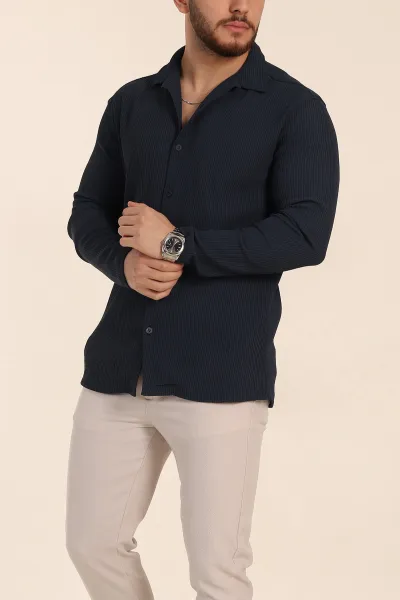 Lacivert Regular Fit Kalın Fitilli Doku Erkek Gömlek 352015