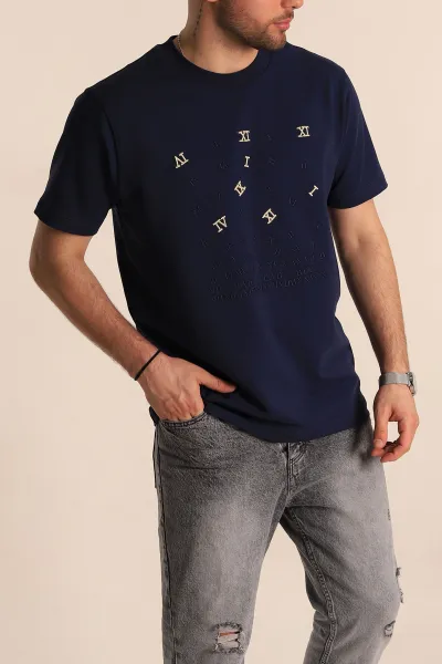 Lacivert Regular Fit Nakış Yazı Detaylı Erkek Tişört 270630
