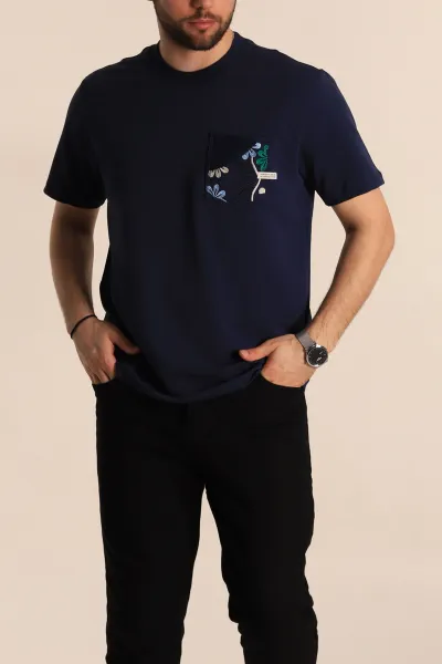 Lacivert Regular Fit Nakışlı Cep Detaylı Erkek Tişört 270644