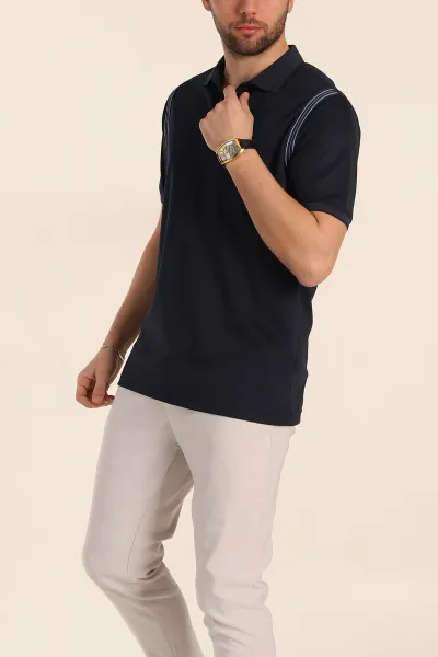 Lacivert Regular Fit Omuz Şerit Detaylı Polo Yaka Erkek Tişört 338461