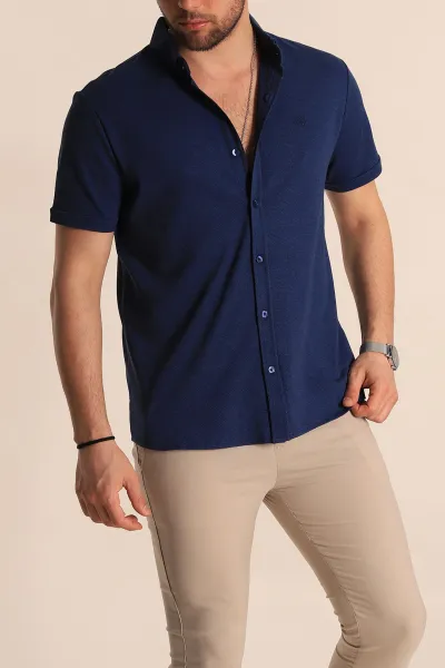 Lacivert Regular Fit Petek Dokulu Kısa Kollu Erkek Gömlek 263715