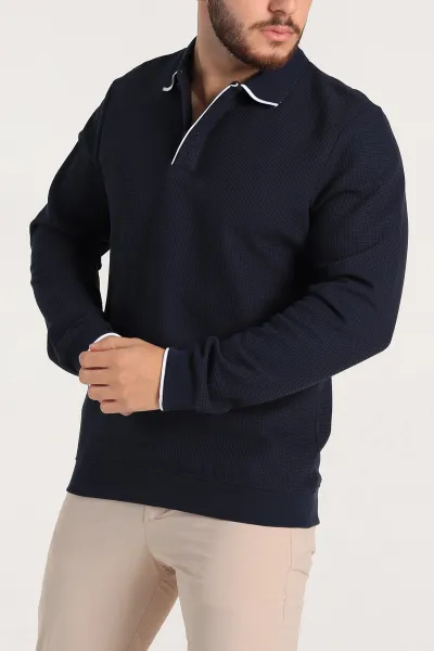 Lacivert Regular Fit Pike Dokulu Polo Yaka Sweatshirt 305445