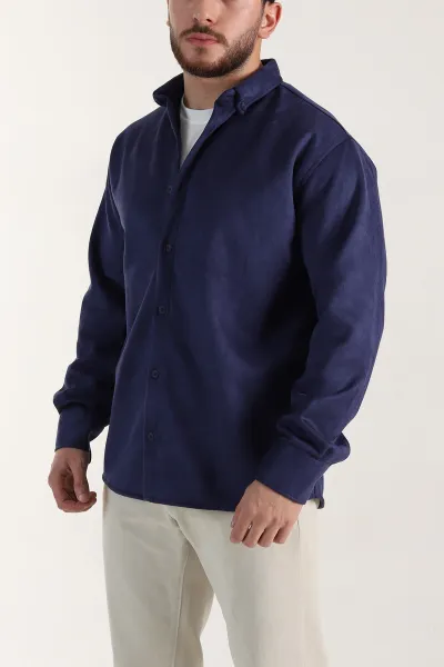 Lacivert Regular Fit Süet Ata Yaka Erkek Gömlek 400041