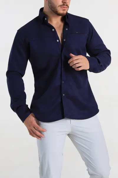 Lacivert Regular Fit Süet Çıt Çıt Düğmeli Erkek Gömlek 309300
