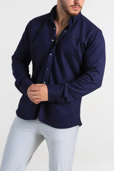 Lacivert Regular Fit Süet Çıt Çıt Düğmeli Erkek Gömlek 309300