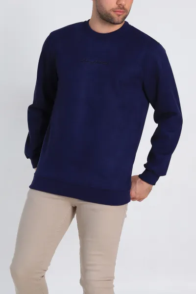 Lacivert Regular Fit Süet Kabartma Yazı Detaylı Erkek Sweatshirt 305859