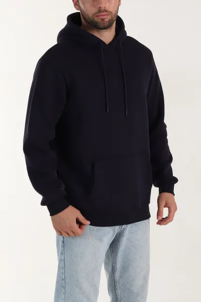 Lacivert Regular Fit Üç İp Şardonlu Erkek Kapüşonlu Basic Sweatshirt 400532