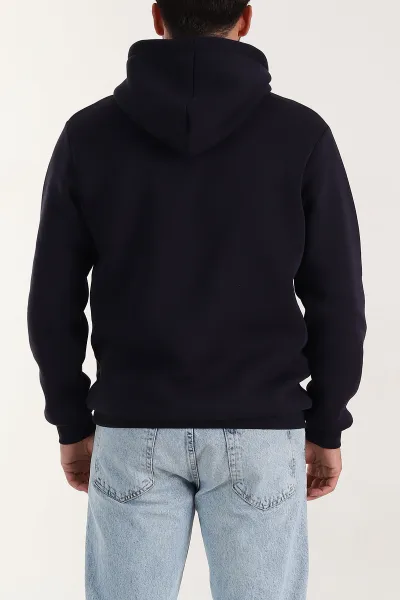 Lacivert Regular Fit Üç İp Şardonlu Erkek Kapüşonlu Basic Sweatshirt 400532