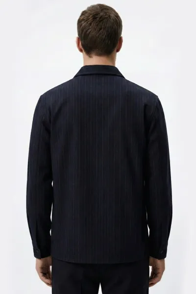Lacivert Regular Fit Uzun Kollu Çizgili Erkek Gömlek 419345