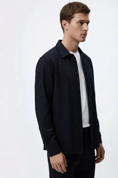Lacivert Regular Fit Uzun Kollu Çizgili Erkek Gömlek 419345