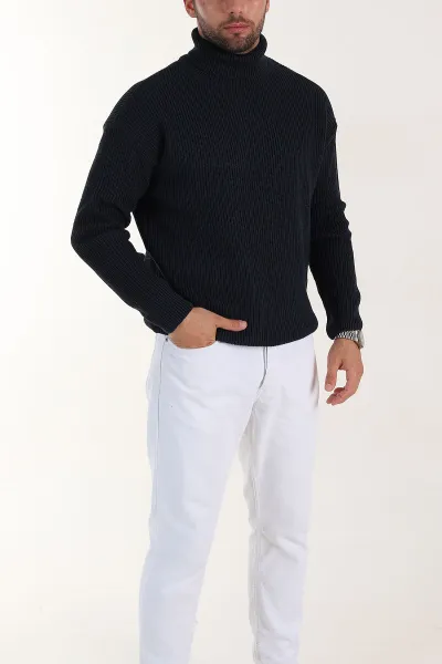 Lacivert Relaxed Fit Balıkçı Yaka Erkek Triko Kazak 397755