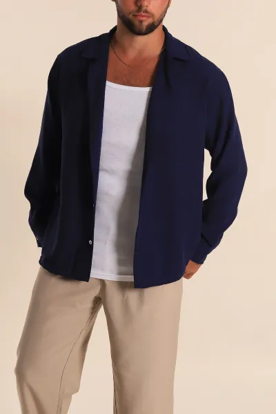 Lacivert Relaxed Fit Bambu Keten Apaş Yaka Erkek Gömlek 285489