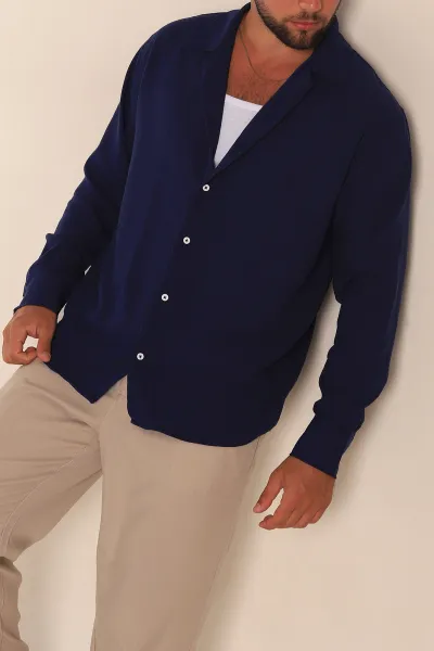 lacivert-relaxed-fit-bambu-keten-apas-yaka-erkek-gomlek-285489