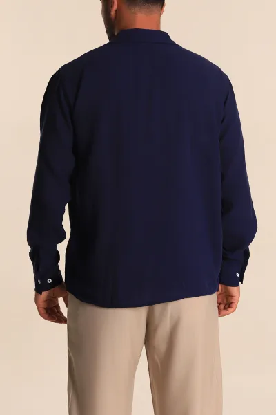 Lacivert Relaxed Fit Bambu Keten Apaş Yaka Erkek Gömlek 285489
