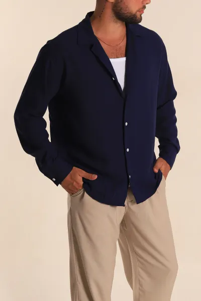 Lacivert Relaxed Fit Bambu Keten Apaş Yaka Erkek Gömlek 285489