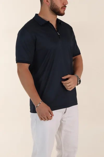 Lacivert Relaxed Fit Basic Fermuarlı Polo Yaka Erkek Tişört 359133