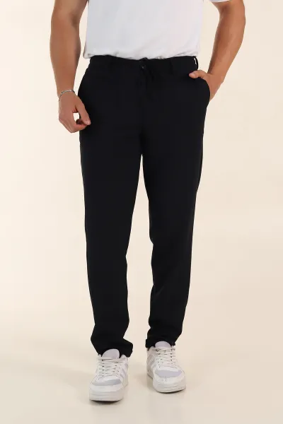 Lacivert Relaxed Fit Bel Bağlamalı Duble Paça Erkek Kumaş Pantolon 368387