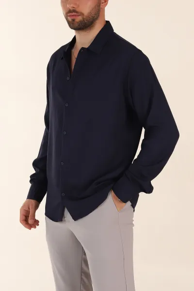 Lacivert Relaxed Fit Bürümcük Dokulu Uzun Kollu Erkek Gömlek 369319