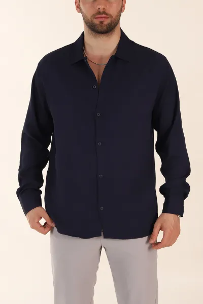 lacivert-relaxed-fit-burumcuk-dokulu-uzun-kollu-erkek-gomlek-369319