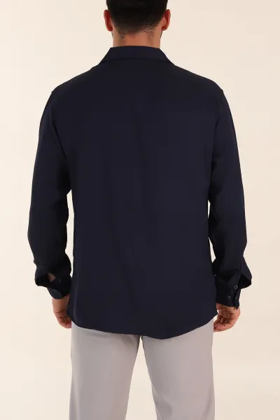 Lacivert Relaxed Fit Bürümcük Dokulu Uzun Kollu Erkek Gömlek 369319