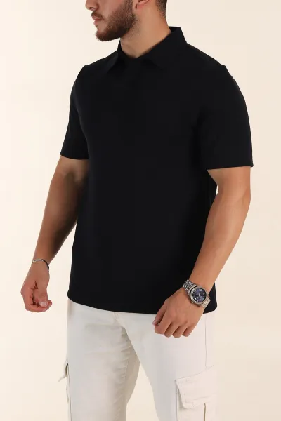 Lacivert Relaxed Fit Çelik Örme Polo Yaka Erkek Tişört 368875