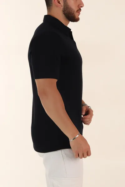 Lacivert Relaxed Fit Çelik Örme Polo Yaka Erkek Tişört 368875