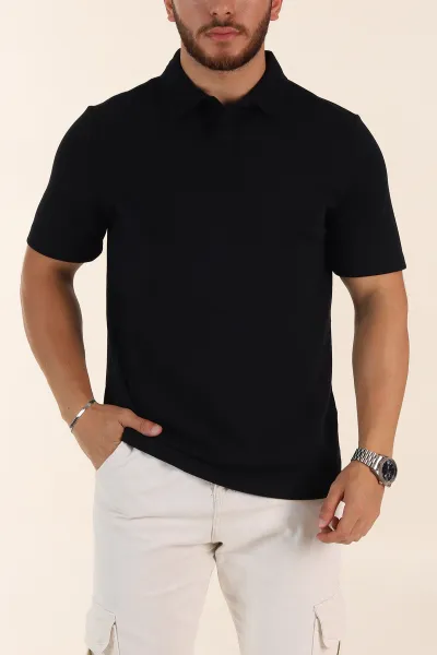 Lacivert Relaxed Fit Çelik Örme Polo Yaka Erkek Tişört 368875