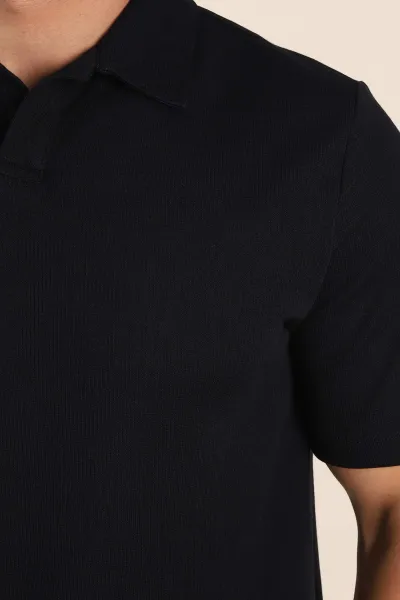 Lacivert Relaxed Fit Çelik Örme Polo Yaka Erkek Tişört 368875