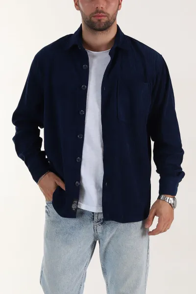 Lacivert Relaxed Fit Cep Detaylı Kalın Fitilli Kadife Erkek Gömlek 397930