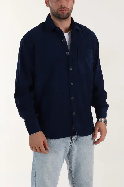 Lacivert Relaxed Fit Cep Detaylı Kalın Fitilli Kadife Erkek Gömlek 397930