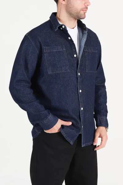 Lacivert Relaxed Fit Çift Cep Detaylı Erkek Kot Gömlek 400105