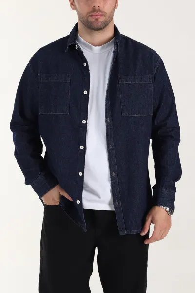 lacivert-relaxed-fit-cift-cep-detayli-erkek-kot-gomlek-400105