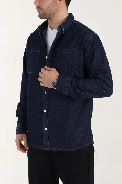 Lacivert Relaxed Fit Çift Cep Detaylı Erkek Kot Gömlek 400105
