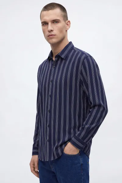 Lacivert Relaxed Fit Çizgili Erkek Gömlek 435783