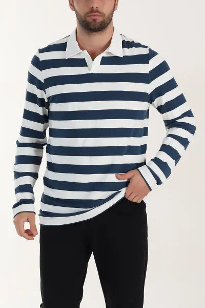 Lacivert Relaxed Fit Çizgili Jakarlı Kumaş Erkek Triko Sweatshirt 399591