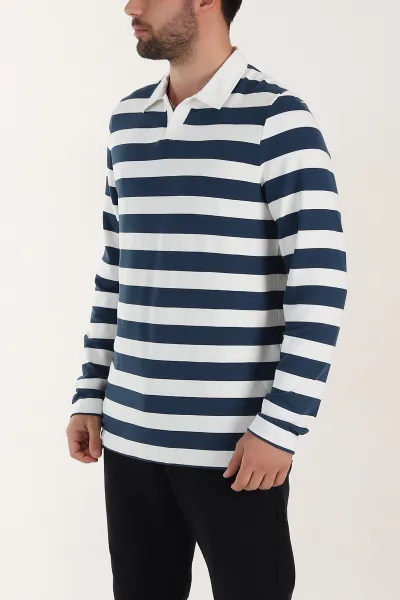 Lacivert Relaxed Fit Çizgili Jakarlı Kumaş Erkek Triko Sweatshirt 399591