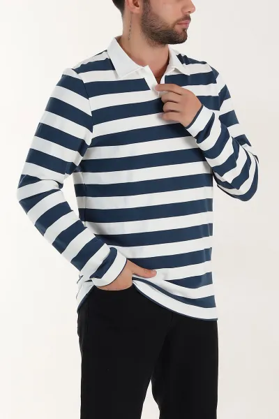 Lacivert Relaxed Fit Çizgili Jakarlı Kumaş Erkek Triko Sweatshirt 399591
