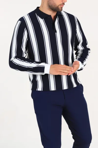 Lacivert Relaxed Fit Çizgili Polo Yaka Uzun Kollu Erkek Sweatshirt 300889