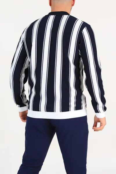 Lacivert Relaxed Fit Çizgili Polo Yaka Uzun Kollu Erkek Sweatshirt 300889