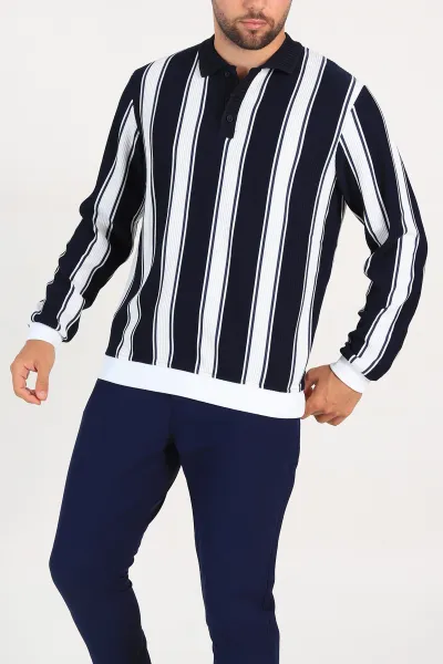 Lacivert Relaxed Fit Çizgili Polo Yaka Uzun Kollu Erkek Sweatshirt 300889