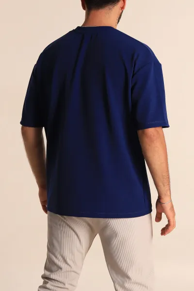 Lacivert Relaxed Fit Dokulu Basic Erkek Tişört 278884