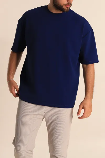 Lacivert Relaxed Fit Dokulu Basic Erkek Tişört 278884