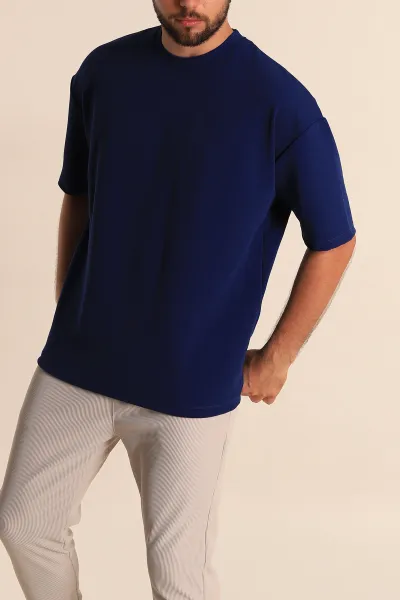 Lacivert Relaxed Fit Dokulu Basic Erkek Tişört 278884