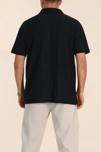 Lacivert Relaxed Fit Dokulu Basic Polo Yaka Erkek Tişört 351996