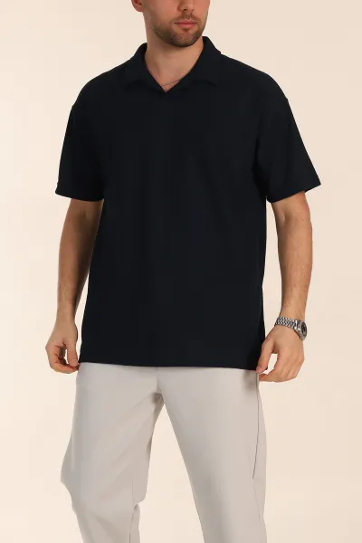 Lacivert Relaxed Fit Dokulu Basic Polo Yaka Erkek Tişört 351996