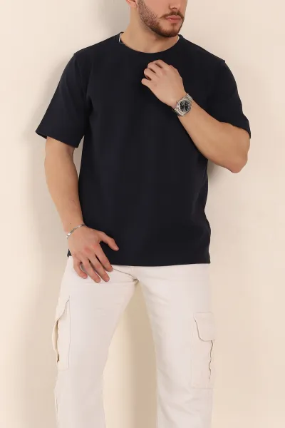 Lacivert Relaxed Fit Double Face Basic Erkek Tişört 348940
