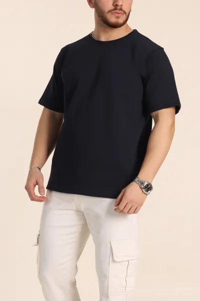 Lacivert Relaxed Fit Double Face Basic Erkek Tişört 348940