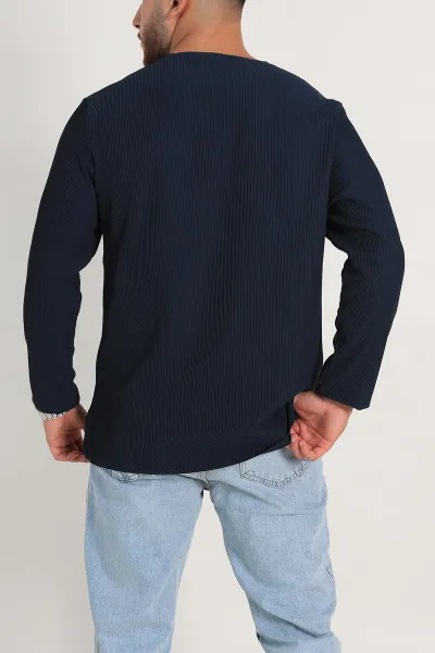 Lacivert Relaxed Fit Fitilli Doku Geniş Yaka Erkek Sweatshirt 300459
